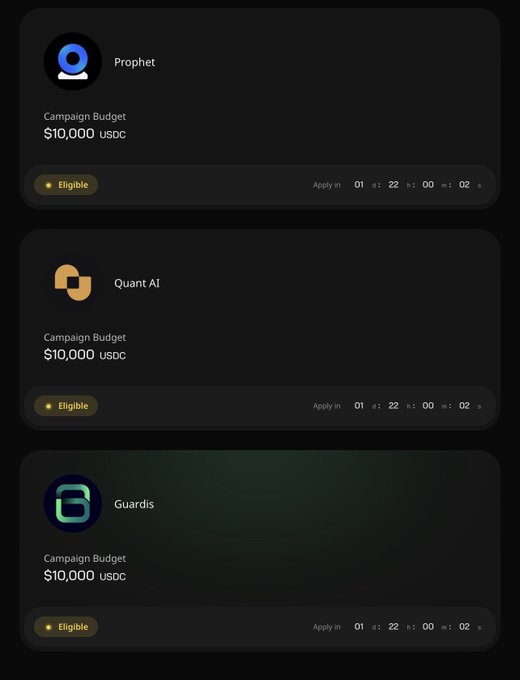 The image shows a screenshot of three different posts on social media platforms, each with their own unique design and layout. The first post displays a blue icon with white text that reads "Campaign Budget", followed by an image of a budget spreadsheet. The second post features a yellow icon with black text that says "Campaign Budget", accompanied by a picture of the same spreadsheet. The third post has a green icon with white text that reads "Campaign Budget", and it also includes an image of the same spreadsheet. 

The caption below each post provides information about the post's content, stating that it is related to the current post on wallchain. Additionally, there are two buttons in the bottom right corner of the screen, one labeled "Eligible" and another with a price tag of $10,000.