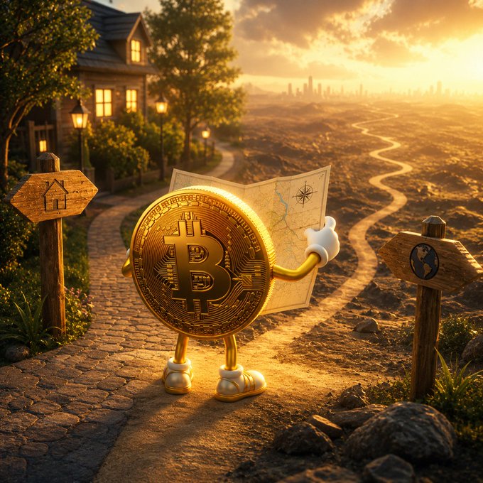 An anthropomorphic Bitcoin coin holding a map stands at a crossroads between a familiar, cozy home path and an unfamiliar, winding road leading to a distant city skyline. The image visually reinforces the post's message: navigating the evolving world of money—like Bitcoin and crypto—requires a proper map and direction, rather than relying on routine or guesswork.