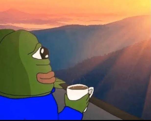 A meme featuring Pepe the Frog holding a white coffee cup, gazing out at a mountain valley at sunset.