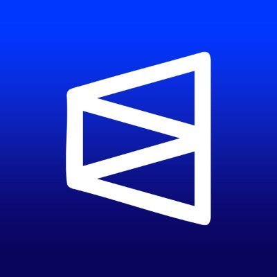 A simple geometric logo featuring a white stylized 'M' or bowtie shape on a solid blue background.