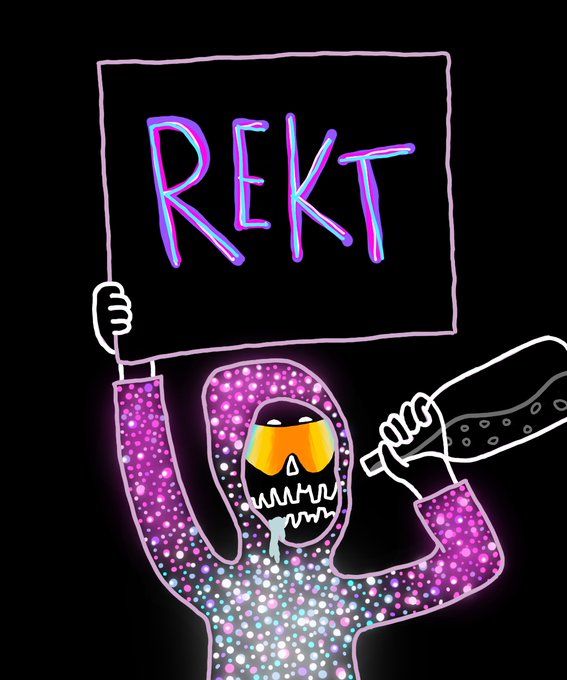 Neon-style cartoon illustration of a skeleton wearing ski goggles and a sparkly pink and blue hoodie, holding up a protest sign reading 'REKT' and gripping a bottle.