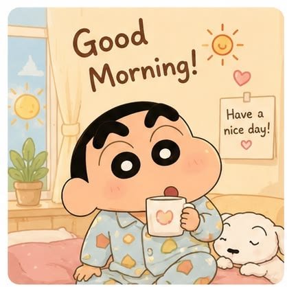A cute cartoon illustration of a child in pajamas holding a mug, with the text 'Good Morning!' and a note saying 'Have a nice day!' alongside a smiling sun and heart decorations.