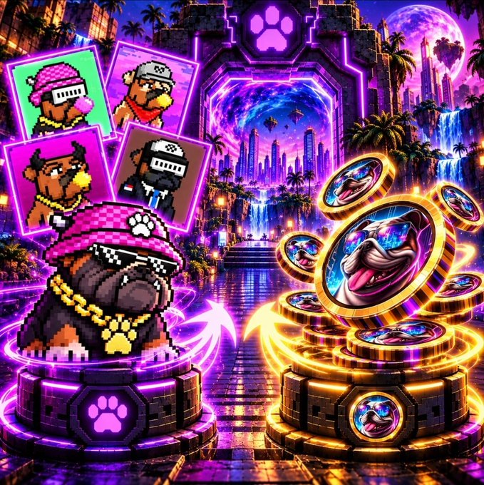 A vibrant, neon-colored digital artwork featuring pixel-art dog characters in colorful outfits alongside stacks of gold coins displaying dog faces, set against a fantastical cityscape with purple portals and palm trees.