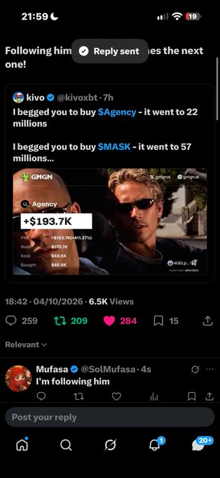 A screenshot of an X (Twitter) post by kivo showing a portfolio with holdings in $Agency (+$193.7K) and $MASK, with the caption 'I begged you to buy $Agency - it went to 22 millions / I begged you to buy $MASK - it went to 57 millions...'