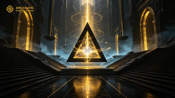 A glowing golden triangular monument with concentric rings stands at the center of a grand, futuristic hall, with the "ARK DeFAI Code the Future" logo in the top left corner. The image visually reinforces the post's message about building a strong, powerful core for AI intelligence, symbolizing the Arkie AI App as the foundational pillar connecting and scaling within the ARK ecosystem.
