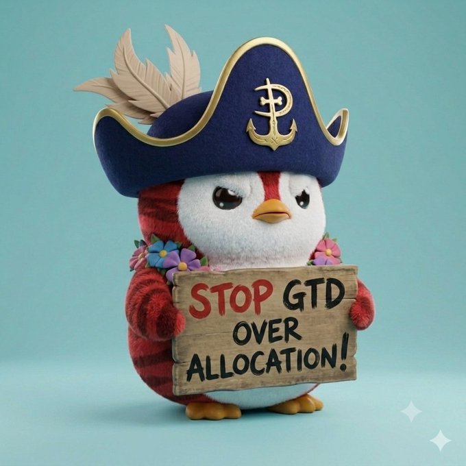 A fluffy mascot resembling a striped chick wearing a pirate hat and a flower lei holds a wooden sign reading 'STOP GTD OVER ALLOCATION!'