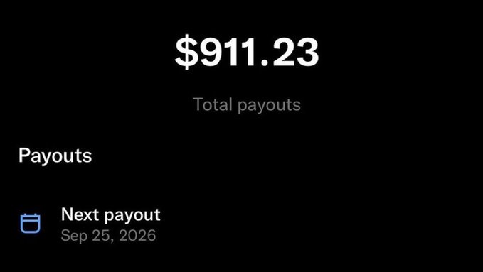A screenshot of a financial dashboard on a black background displaying '$911.23' as 'Total payouts,' with a 'Payouts' section listing 'Next payout' scheduled for 'Sep 25, 2026'.