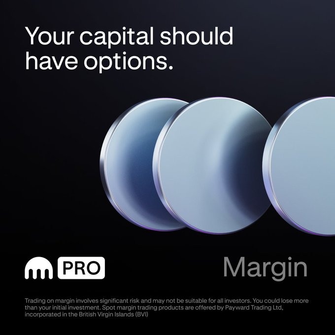 Kraken Pro Margin ad featuring three metallic discs on a dark background with the tagline "Your capital should have options," promoting margin trading via Payward Trading Ltd. in the British Virgin Islands — complementing the post's message about using existing holdings as collateral to scale exposure and build positions over time.