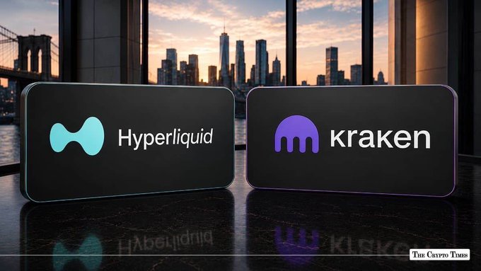 Two smartphone screens displaying the logos for 'Hyperliquid' (teal) and 'kraken' (purple) against a sunset city skyline background, credited to 'The Crypto Times'.