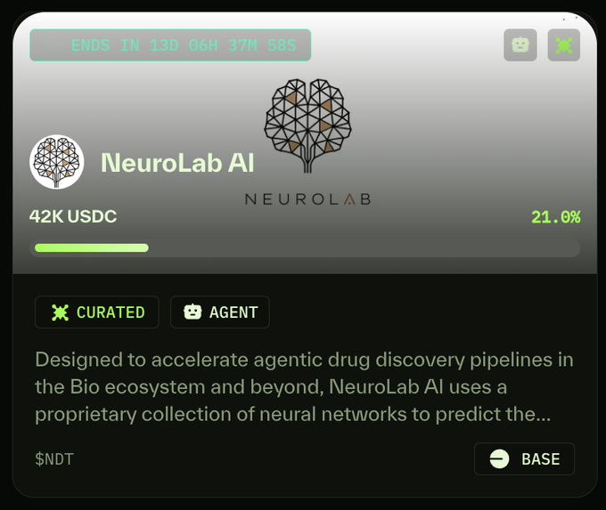 A digital card for 'NeuroLab AI' displayed on a dark background, featuring a brain-shaped logo, a price of '42K USDC' with a '21.0%' increase, and a description mentioning 'agentic drug discovery pipelines in the Bio ecosystem'.