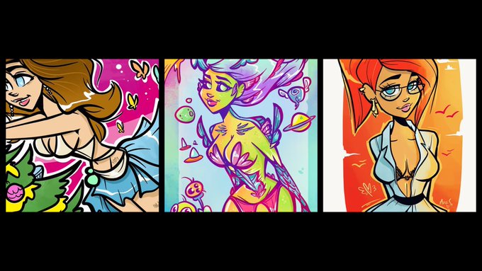 Three vibrant, stylized cartoon-style illustrations of women displayed side by side against colorful backgrounds with various decorative elements like butterflies and planets.