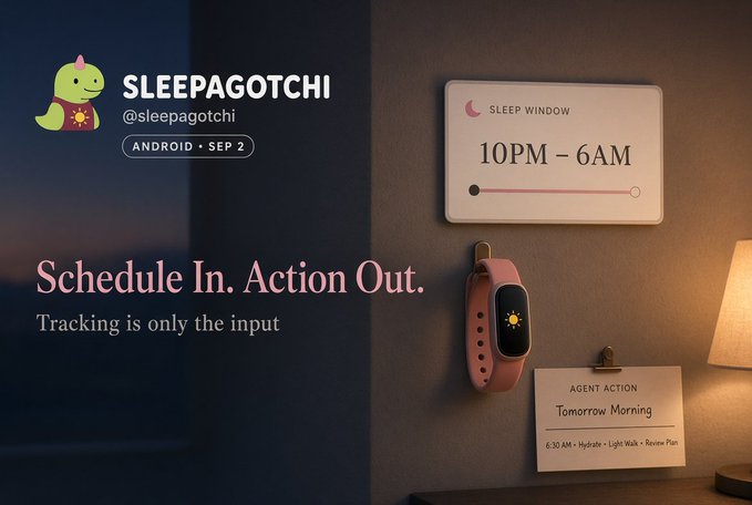 An advertisement for 'SLEEPAGOTCHI' (@sleepagotchi) showing a sleep tracker watch on a wall alongside 'SLEEP WINDOW 10PM - 6AM' and 'AGENT ACTION Tomorrow Morning' signs, with the tagline 'Schedule In. Action Out. Tracking is only the input.'