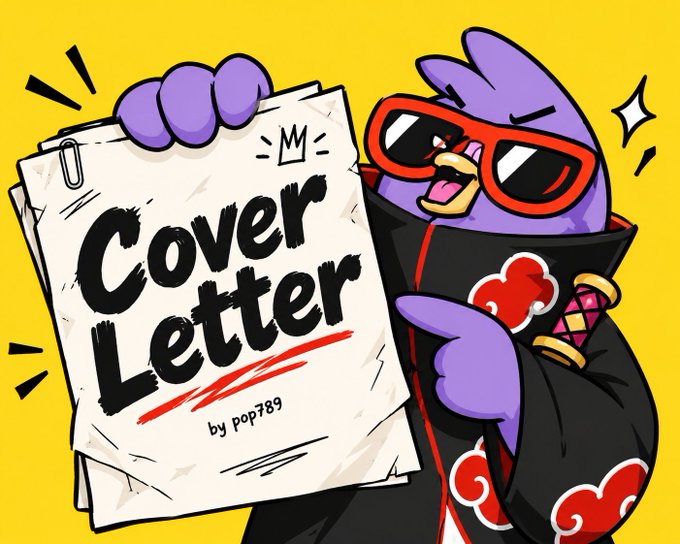 A cartoon illustration of a purple penguin character wearing red sunglasses and an Akatsuki-style cloak, holding up a 'Cover Letter' document by 'pop789' against a bright yellow background.
