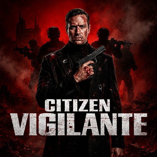 The promotional poster for the cryptocurrency token $VIGILANTE features a bloodied man in a black coat holding a gun, flanked by SWAT silhouettes against a fiery red backdrop, with the bold title "CITIZEN VIGILANTE." The image directly reinforces the post's theme of a vigilante rising when law fails, promoting the Ethereum token with the displayed contract address.