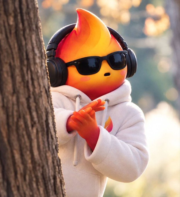 A 3D-rendered character resembling a flame-shaped orange figure wearing black sunglasses, large headphones, and a white hoodie peeks out from behind a tree trunk.