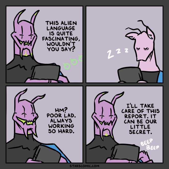 In a four-panel comic, a purple alien remarks to a coworker, "This alien language is quite fascinating, wouldn't you say?" while the coworker sleeps at their desk, then says, "Hm? Poor lad, always working so hard," before volunteering, "I'll take care of this report, it can be our little secret"—a humorous scene fitting the $YAP meme about struggling to keep up with confusing online jargon.