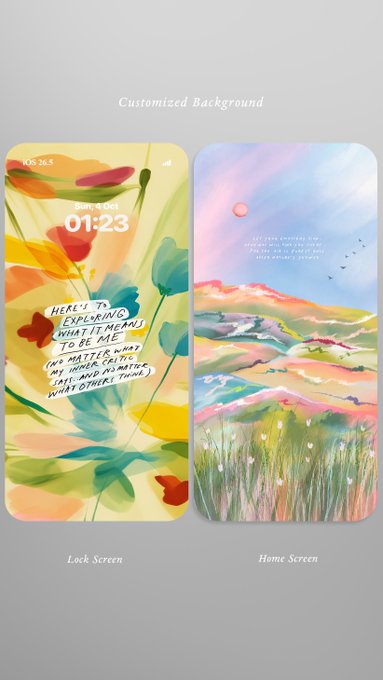 A customized phone wallpaper design showing both lock screen (01:23 with floral design and quote) and home screen (watercolor landscape) labeled 'Customized Background'.