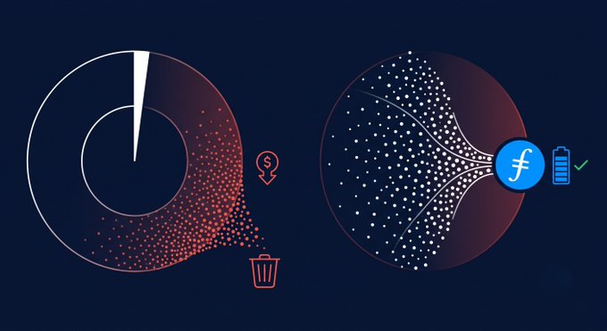 An illustration shows red data points being discarded into a trash bin on the left under a dollar sign, contrasted with white data points being directed toward a Filecoin (FIL) storage battery icon on the right—visually representing the post's message that the 98% of data previously thrown away can now be retained and utilized through Filecoin's storage network.