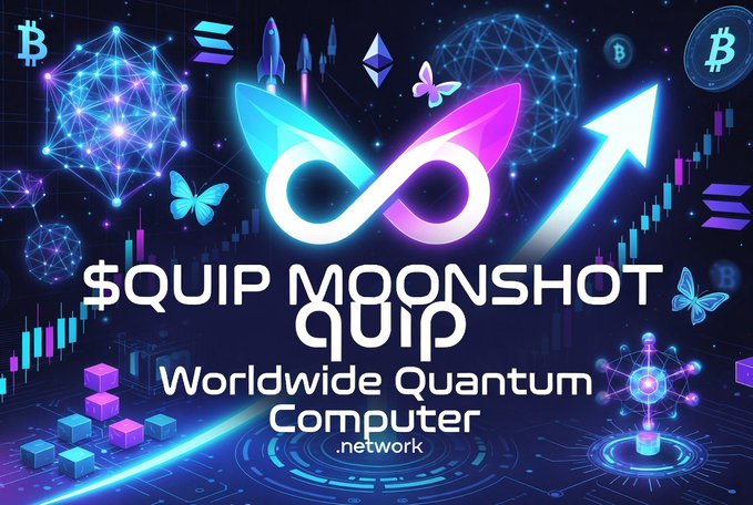 The image features a poster for a worldwide Quantum Computer project called $Quip. The poster has a dark blue background with various elements related to the project, such as a butterfly, a rocket ship, and a rainbow-colored butterfly. The text on the poster reads "gMOOVE is trending but the real lore here is $Quip. $Quip Network is building the worldwide quantum computer blending post-quantum security, useful proof-of-work compute, and real quantum jobs on a shared network".