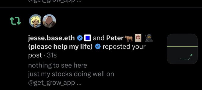 A screenshot of an Instagram repost by 'jesse.base.eth' and 'Peter' that reads 'nothing to see here just my stocks doing well on @get_grow_app...' featuring a small stock chart.