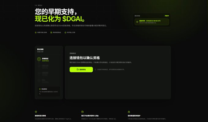 A dark-themed webpage in Chinese features green accents and text reading "您的早期支持，现已化为$DGAIO" with a yellow button displaying a contract address "0x68d1f2db3f8cd50f3c", promoting a digital wallet and cryptocurrency.