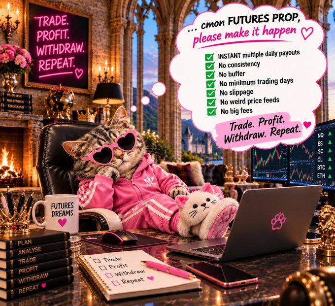 An AI-generated promotional image shows a cat in pink heart sunglasses and a pink tracksuit sitting at a desk with a laptop, advertising a futures prop trading firm with text like 'TRADE. PROFIT. WITHDRAW. REPEAT.'