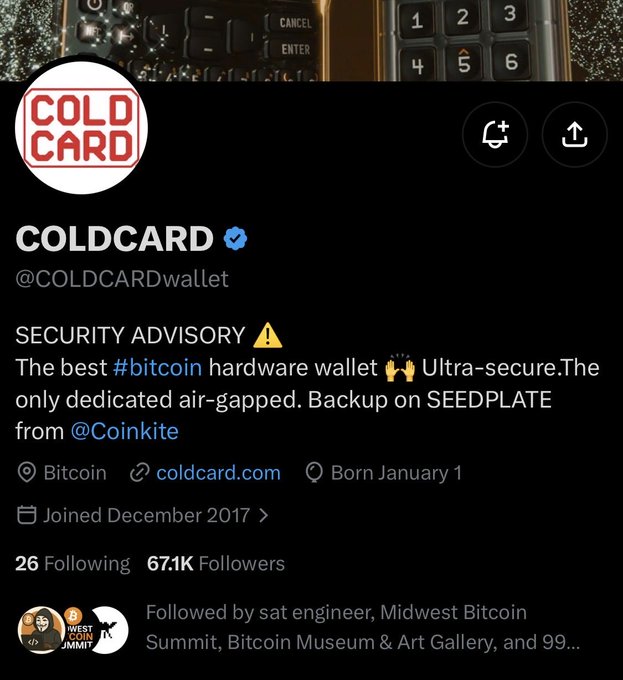 The verified Twitter/X profile for COLDCARD (@COLDCARDwallet), a Bitcoin hardware wallet company, with a security advisory in their bio and 67.1K followers.