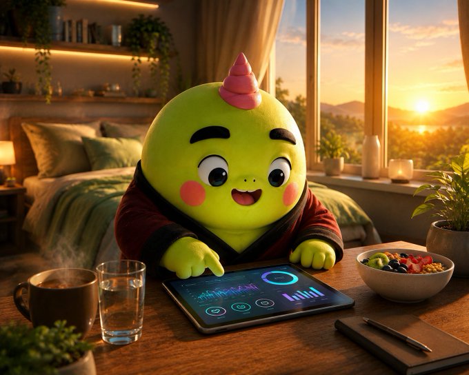 A 3D-rendered cute green character with a pink swirl on its head and rosy cheeks wears a red robe, pointing at a tablet displaying data visualizations on a wooden table in a warmly lit room at sunset.