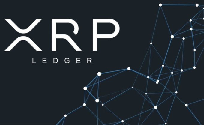 The image features an advertisement for Bitcoin wallet integration service called XRP Ledger. The background of the image is black with white lines connecting dots, which represents the blockchain technology behind the XRP Ledger platform. The text "XRP Ledger" is prominently displayed in white letters above the dots and lines, emphasizing the connection between the XRP Ledger service and Bitcoin.