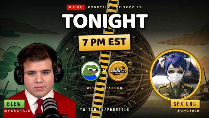 A livestream promo for 'PondTalk Episode 42' airing at 7 PM EST on twitch.tv/pondtalk, featuring hosts Blew (@PONDTALK) and SPX UNC (@UNC6900) alongside APU SPX6900 branding.