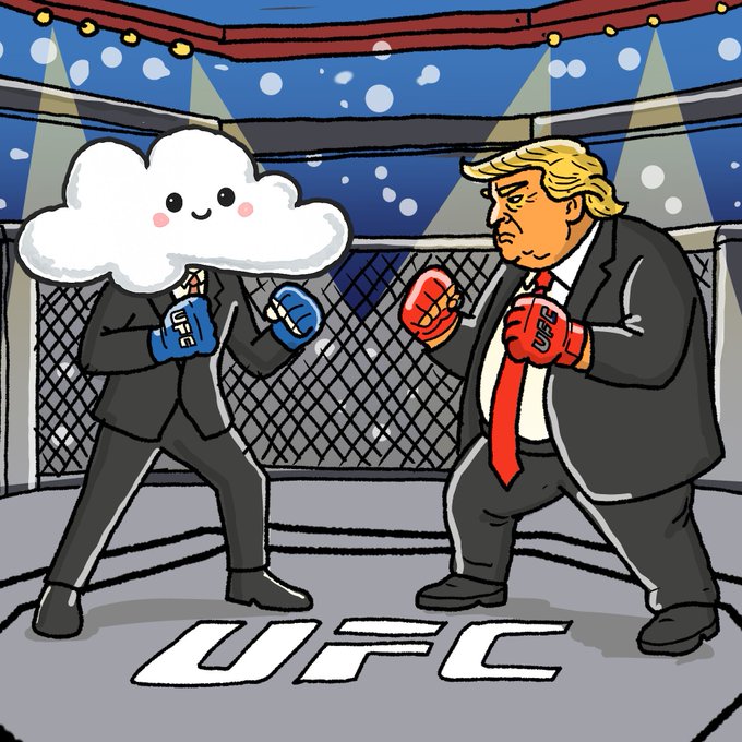 The image features two cartoon men dressed in suits, with one man wearing a suit hat and the other wearing a tie. They are standing inside an arena or boxing ring, which has a cloudy sky background. The caption of the image reads "Selamlar dostlarım, Daha önce işlerini beğendiğim bir ekip bugün $AIR adında başka bir meme launch edecekmiş ekip bugün". This post is related to a UFC advertisement.