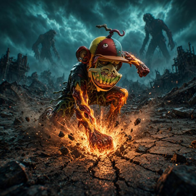 A dark, surreal digital artwork depicting a grotesque fiery monkey-like creature with a stitched baseball cap, stomping its fist into cracked earth, with shadowy giant figures looming in a stormy, destroyed background.