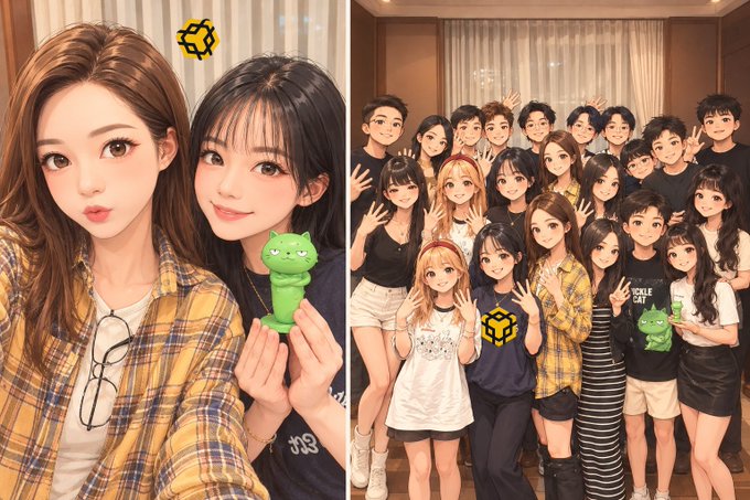 Two young women pose with a small green figurine in the left photo, while the right shows a large group of BNB Chain community members smiling and waving together at a dinner gathering in Taipei. Posts reference @BNBCHAINZH as the host and @0xsandy1913 as the organizer of the meetup.