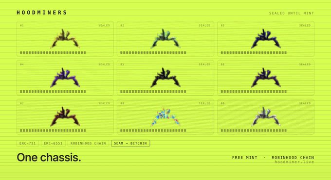 A bright yellow-green webpage for 'HOODMINERS' titled 'One chassis.' displaying nine sealed hand gestures numbered #1–#9, with tags 'SEAM + BITCOIN', 'SRC-721', 'ERC-6551', and 'ROBINHOOD CHAIN', promoting a free mint at hoodminer.live.