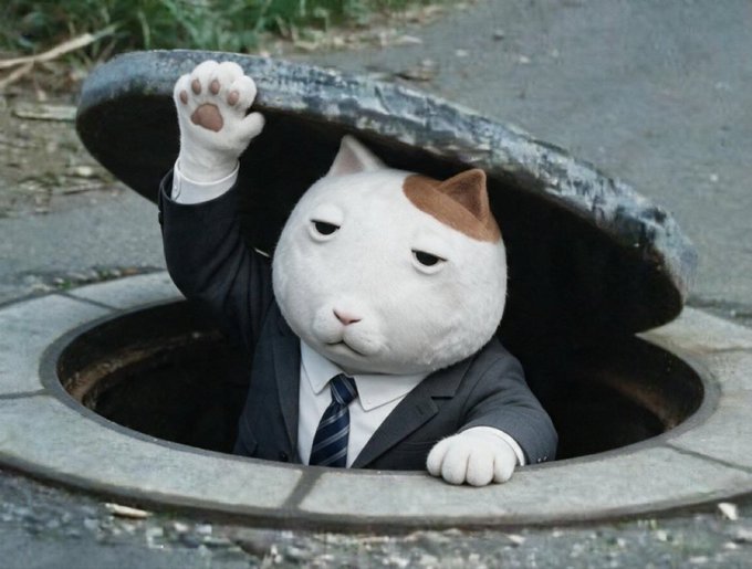A white and orange cat wearing a business suit emerges from a manhole, holding up a paw as if waving or gesturing confidently. The image humorously ties into the post's message about simply holding "pop pop" ($KET on Solana), with the cat peeking out from the underground like a degen emerging from the depths to share the simple crypto advice.