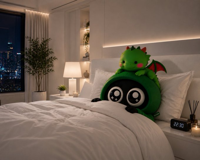 A green plush toy character with big eyes and a small dragon on its head sits on a white bed in a modern bedroom, with a digital clock showing '22:30' on the nightstand.
