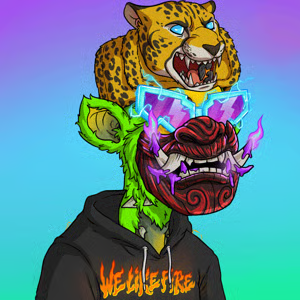 A cartoon illustration of figures wearing a leopard head and a red demon-like mask in hoodies with the text 'WE LIVE FIRE'.