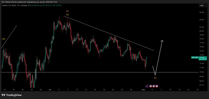 A TradingView 4-hour chart of Solana (SOL/USD) displays an Elliott Wave analysis with a downtrend channel, showing prices ranging from $67.10 to $88.00, currently at $73.37, with labeled wave points (i, iii, iv, v) and a waiting liquidity sweep annotation marked (5) at recent lows.