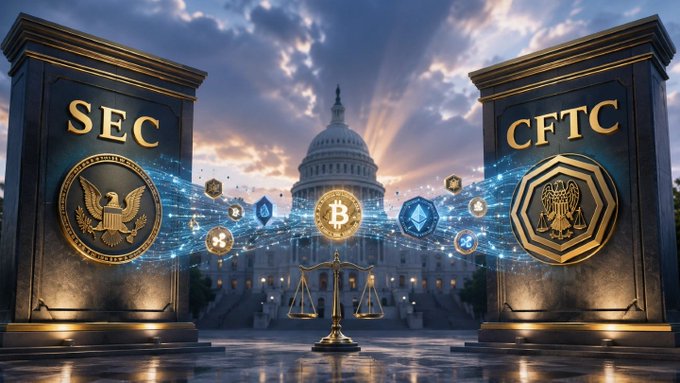 An AI-generated image depicting the U.S. Capitol building flanked by two pillars labeled 'SEC' and 'CFTC', with cryptocurrency symbols and scales of justice in the center.
