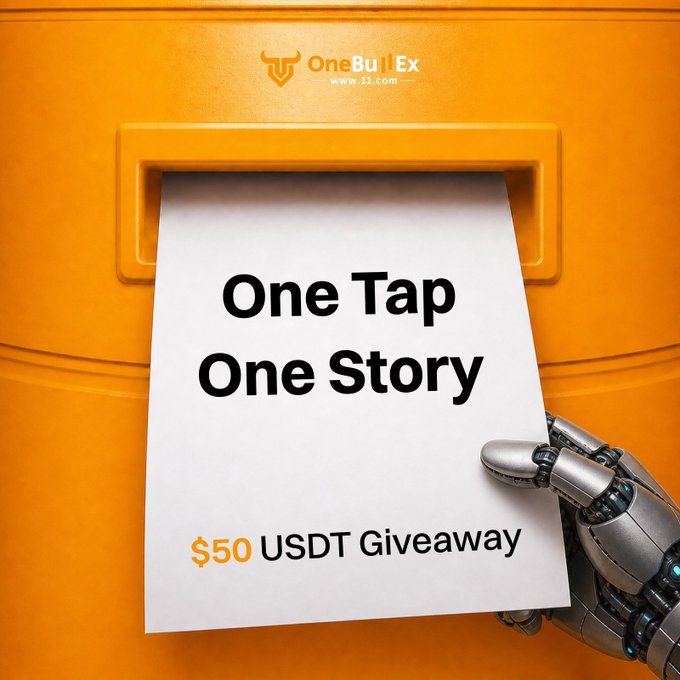 A promotional image for 'OneBullEx' (www.1b1.com) featuring a robotic hand pulling a white paper slip from an orange slot, with the text 'One Tap One Story' and a '$50 USDT Giveaway'.