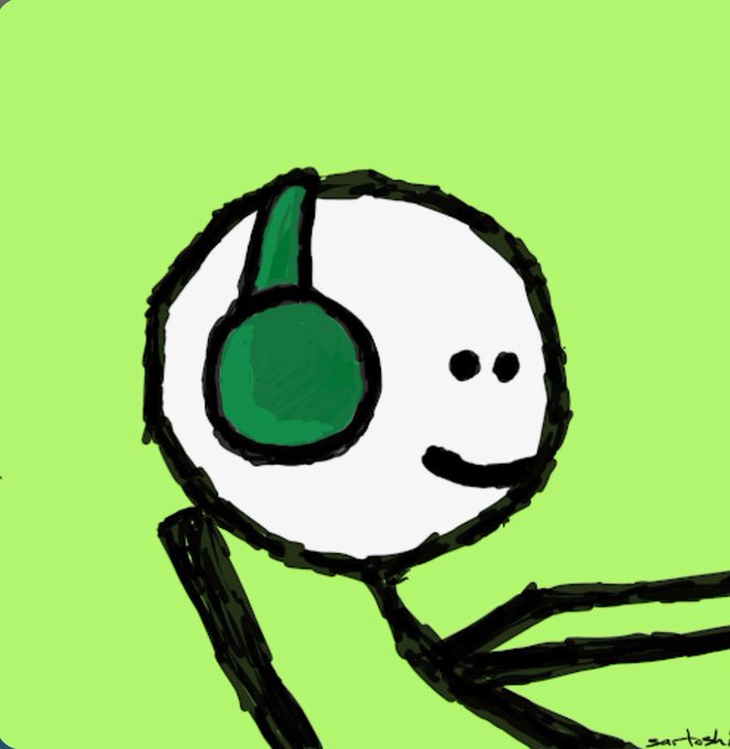 A simple cartoon drawing of a white stick figure with a green headphone, two black dots for eyes, and a crooked smile on a light green background.