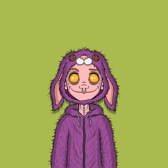 A digital illustration of a person wearing a furry purple monster-themed hooded costume with large yellow eyes, buck teeth, and a wide smile, set against a solid green background.