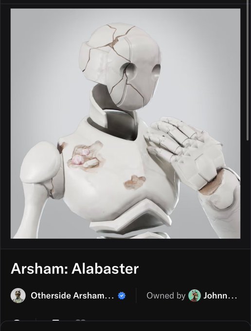 The image features a white 3D printed robot with a broken head, standing against a gray background. The text "Arsham: Alabaster" is displayed above the robot's head, indicating that this is an artwork or a 3D printed model of Arsham from Alabaster.