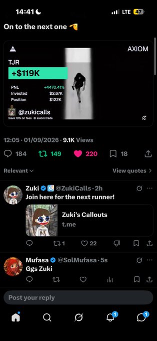 A Twitter/X post in the AXIOM community by @zukicalls celebrating a TJR trade callup of +$119K (PNL +4470.41%) from a $2.67K investment, with 9.1K views and replies from Zuki Calls followers.