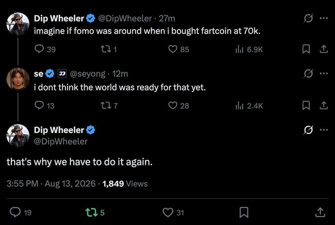 The image shows a Twitter/X thread where user @DipWheeler jokes about FOMO being around when he bought "fartcoin at 70k," to which @seyong replies "I don't think the world was ready for that yet," and Dip concludes "that's why we have to do it again." This aligns with the post's message about replicating the viral success of memecoins like fartcoin, suggesting that crypto charity coins are positioned to generate massive attention and proceeds for causes like lung cancer foundations just as fartcoin did.