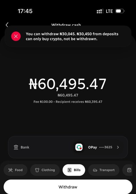 A mobile screenshot of the CeliaWallet app showing a "Withdraw cash" screen attempting to withdraw ₦60,495.47 from an OPay bank account, with a warning message stating "You can withdraw ₦30,045. ₦30,450 from deposits can only buy crypto, not be withdrawn," illustrating the user's complaint about being unable to access their deposited funds beyond crypto purchases.
