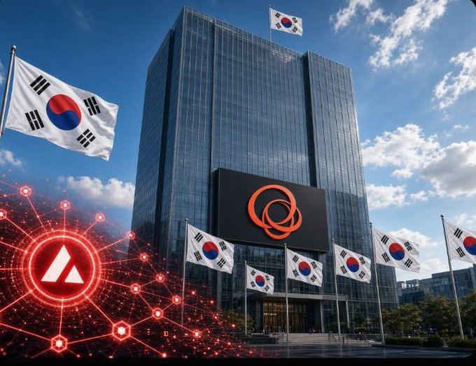 A modern glass office building displaying a red circular logo, surrounded by South Korean flags and an Avara (Aethir) logo overlay in the foreground.