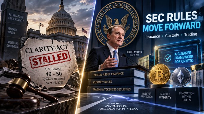 A news graphic shows the U.S. Capitol building with text indicating the 'Clarity Act Stalled' and 'SEC Rules Move Forward' under SEC Chair Paul Atkins, covering digital asset issuance and custody rules.