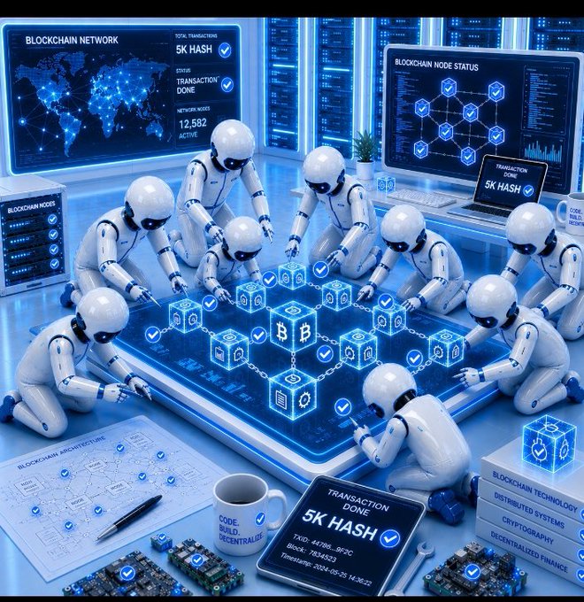 A futuristic scene depicts several white humanoid robots gathered around a digital table displaying glowing blue blockchain network graphics, with surrounding screens showing 'BLOCKCHAIN NETWORK', '5K HASH', '12,582 ACTIVE' nodes, and 'BLOCKCHAIN NODE STATUS'.