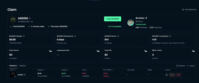 A dark-themed trading interface displays a 'Claim' page for the $ANSEM token, showing holdings of 27.34 $ANSEM valued at $6.86, with a profile for @zckevs indicating 3 of 3 tasks complete.